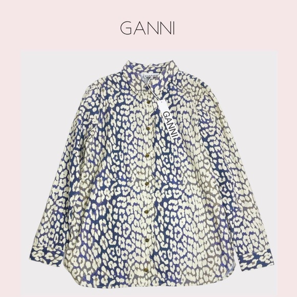 GANNI Leopard Print Long Sleeve Cotton Poplin Shirt | Total Eclipse Sz 36 - Picture 8 of 9